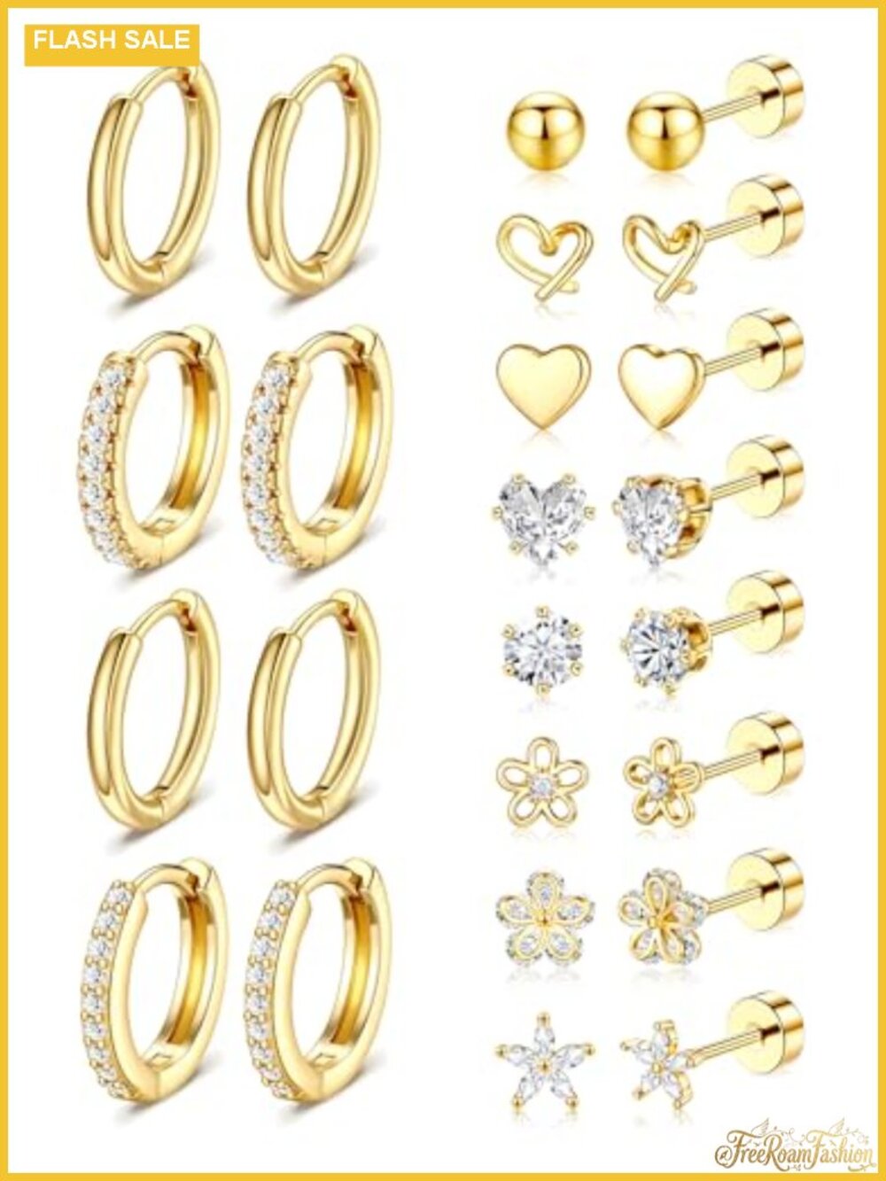 14k Gold Plated Hypoallergenic Earring Set Flat Back Stud & Hoop for Sensitive